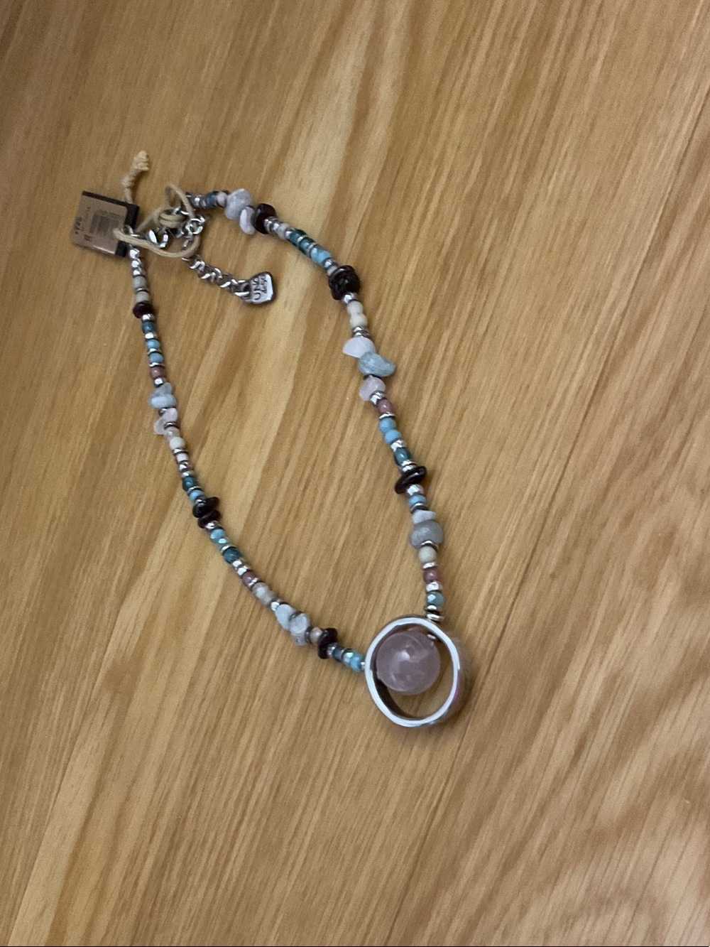 UNO de 50 Beaded Necklace with Pink Rose Quartz Pendant and Blue Accents